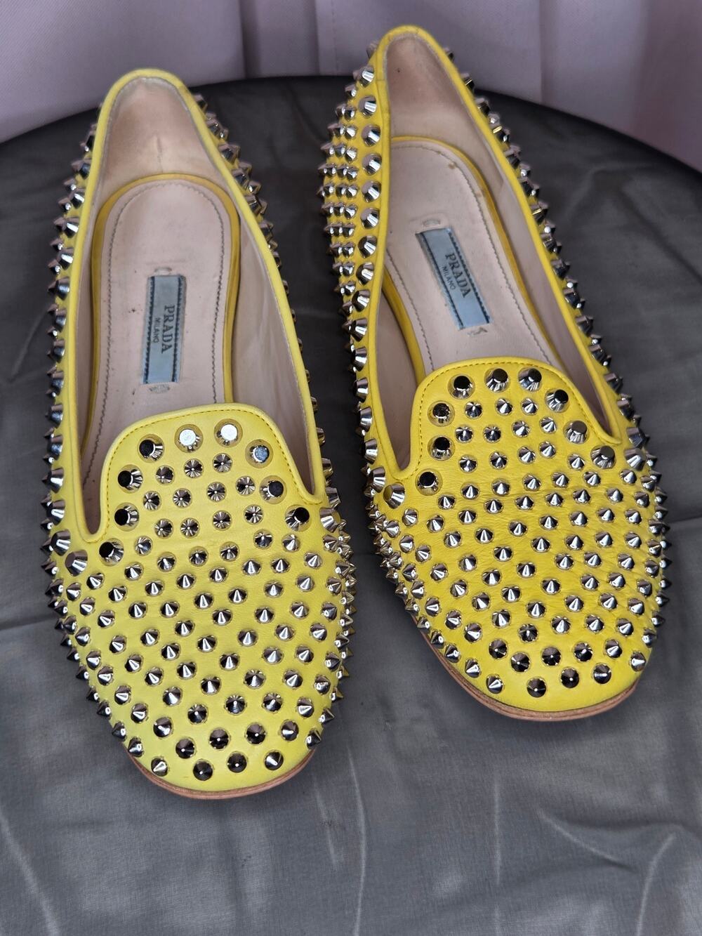 Prada Yellow Leather All-Over Silver Studded Loafers- Size 7